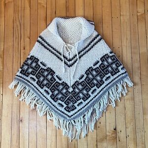 Hand-Knit Cream and Black Poncho with Fringe